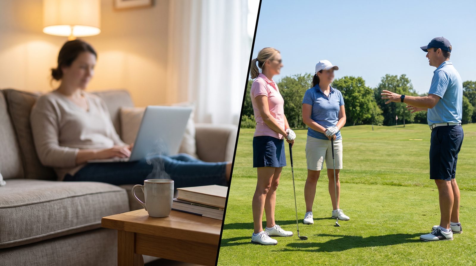 Jämförelse mellan digital Grönt Kort-utbildning från valfri plats och praktisk golfundervisning med instruktör på golfbanan.